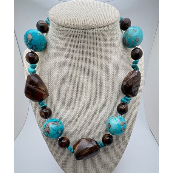 Vintage Chunky Beaded Necklace Faux Turquoise & Brown Earth Tone Boho Statement - Picture 8 of 8